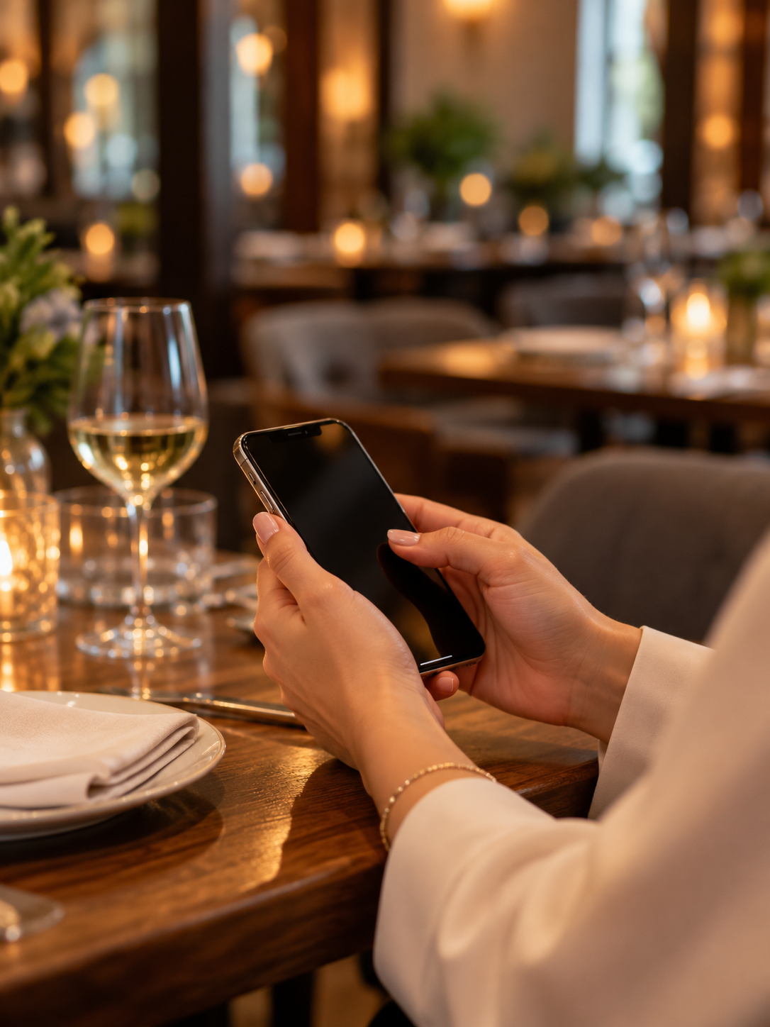 Hands holding a phone at a softly lit restaurant table