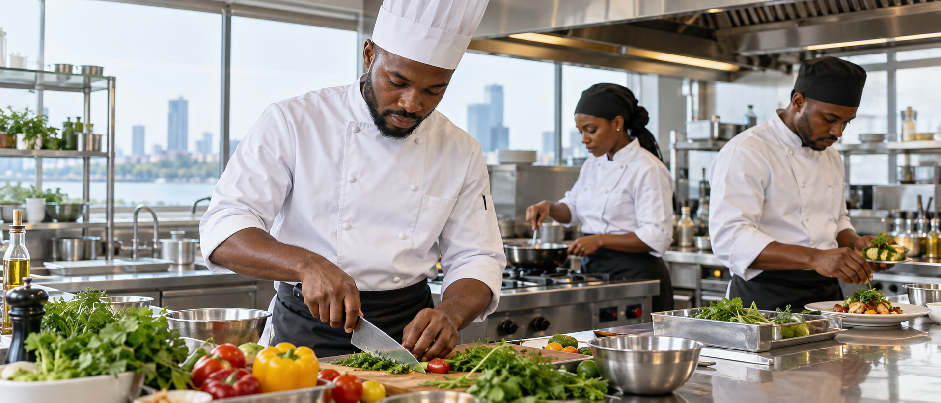 Chefs preparing dishes together in a bright commercial kitchen