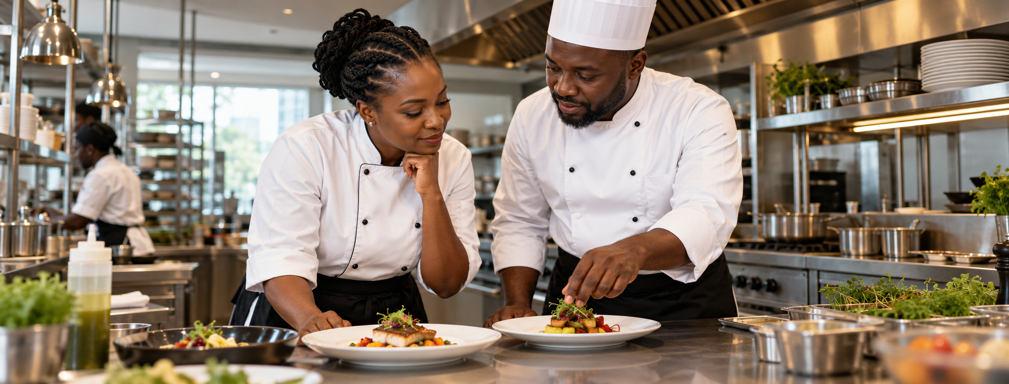 Two chefs reviewing plated dishes in a commercial kitchen
