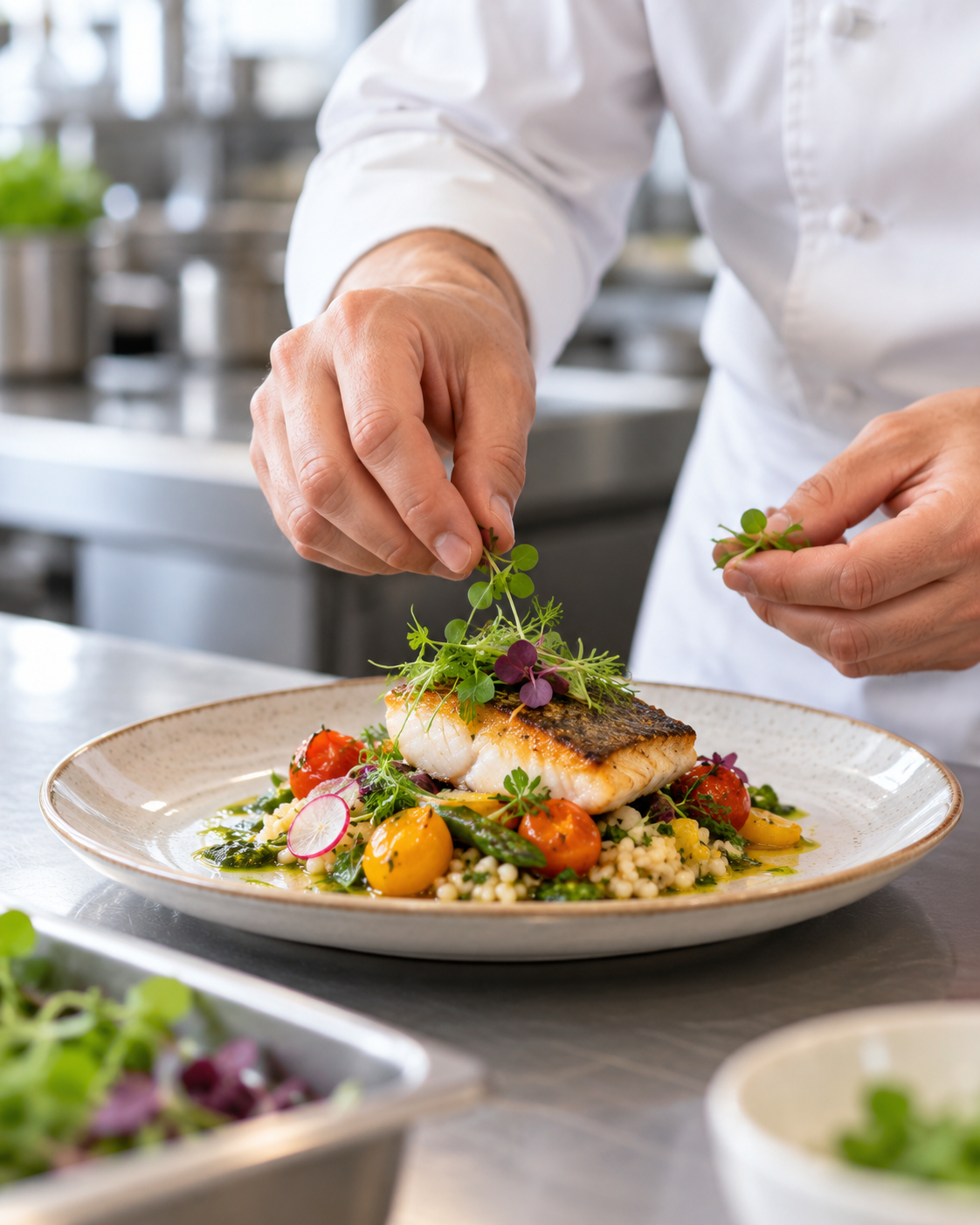 Chef finishing a plated dish with fresh herbs