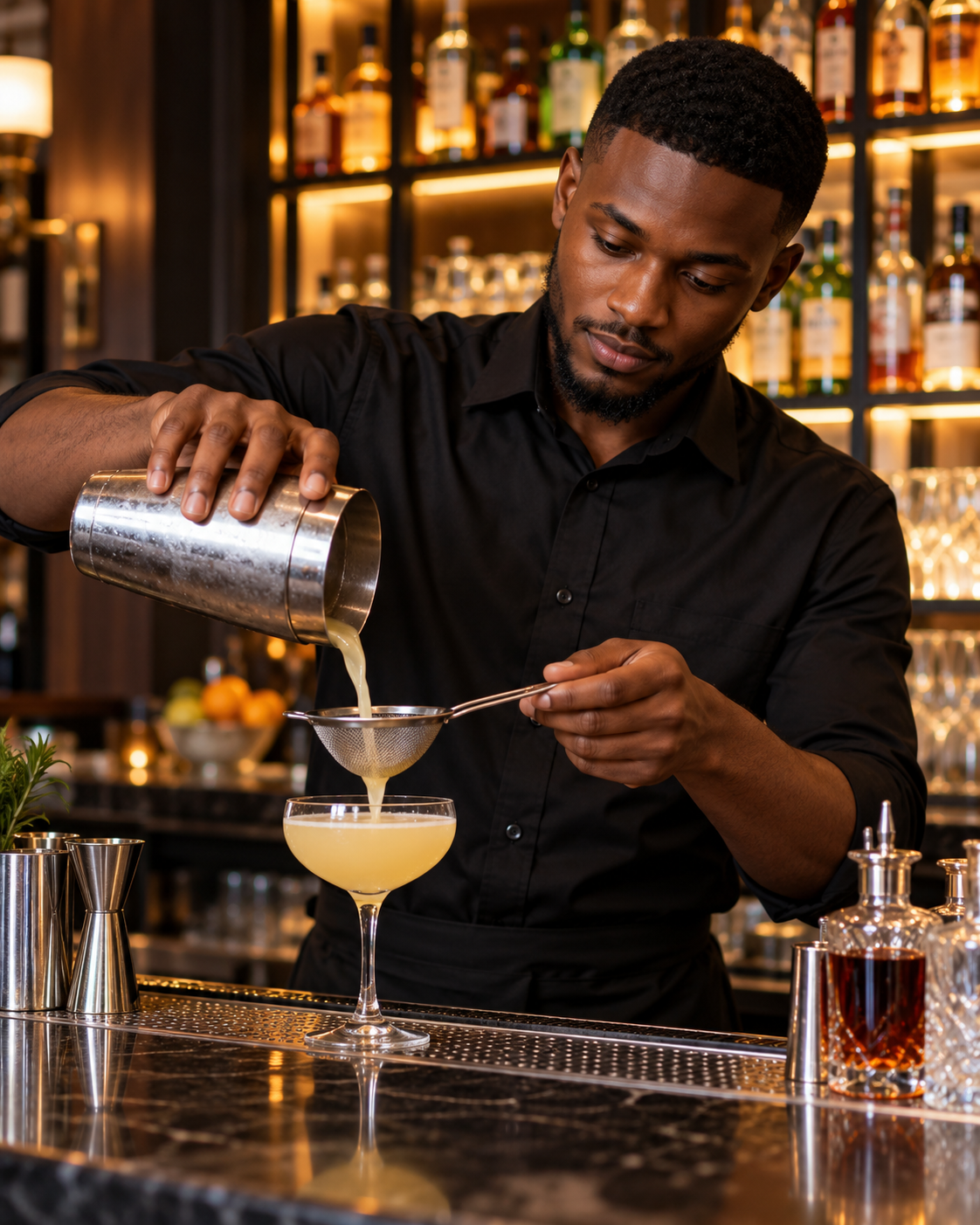 Bartender pouring a cocktail at a backlit bar