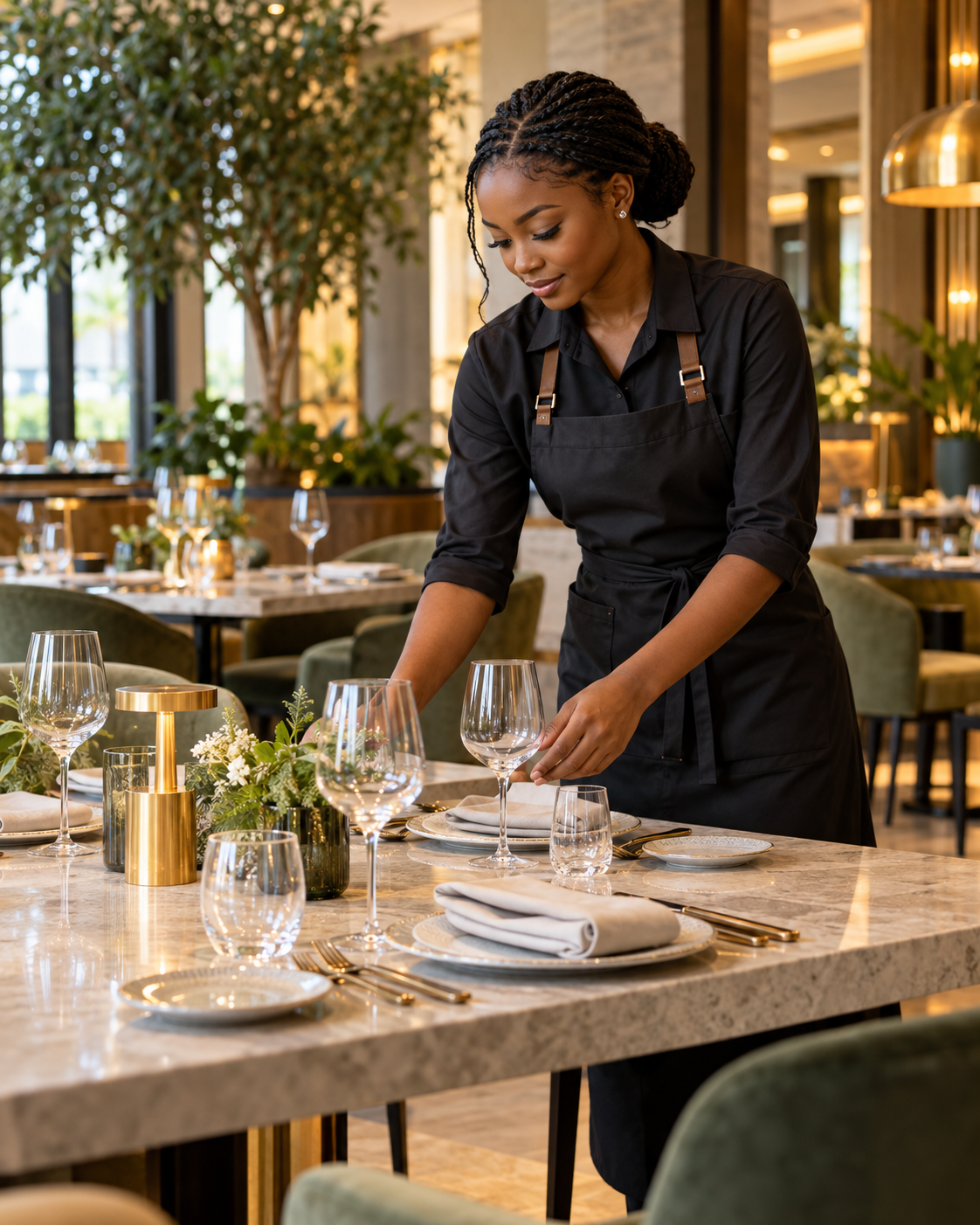 Restaurant professional arranging a finished dining table