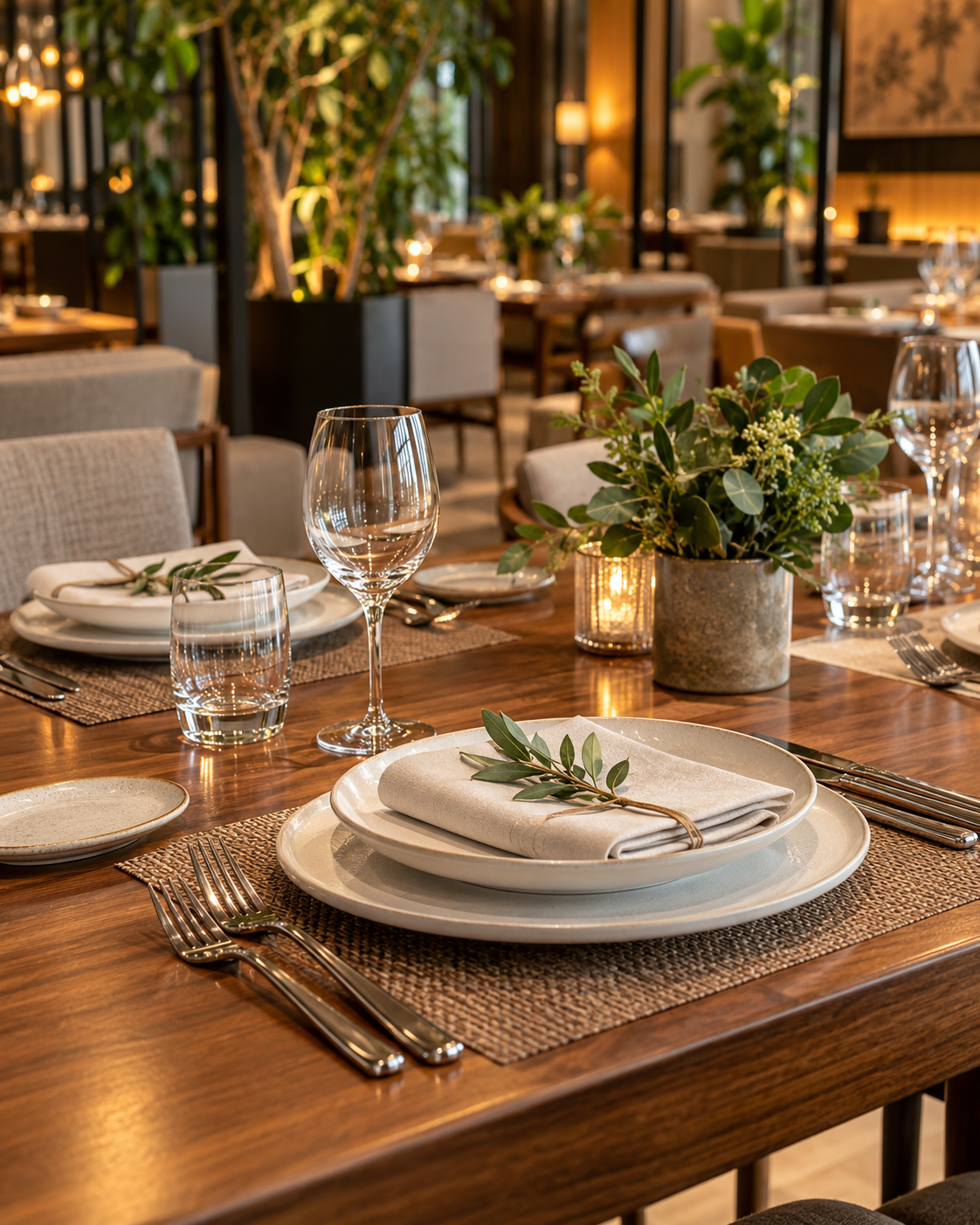 Restaurant table set with dinnerware, linen, glassware and greenery